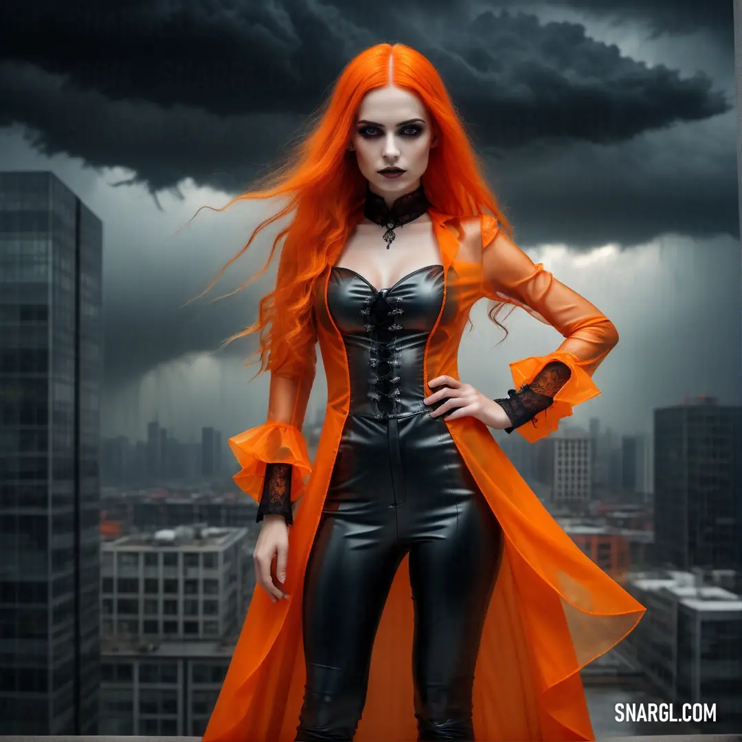 Woman with red hair and black makeup in a black and orange outfit with a black and white background