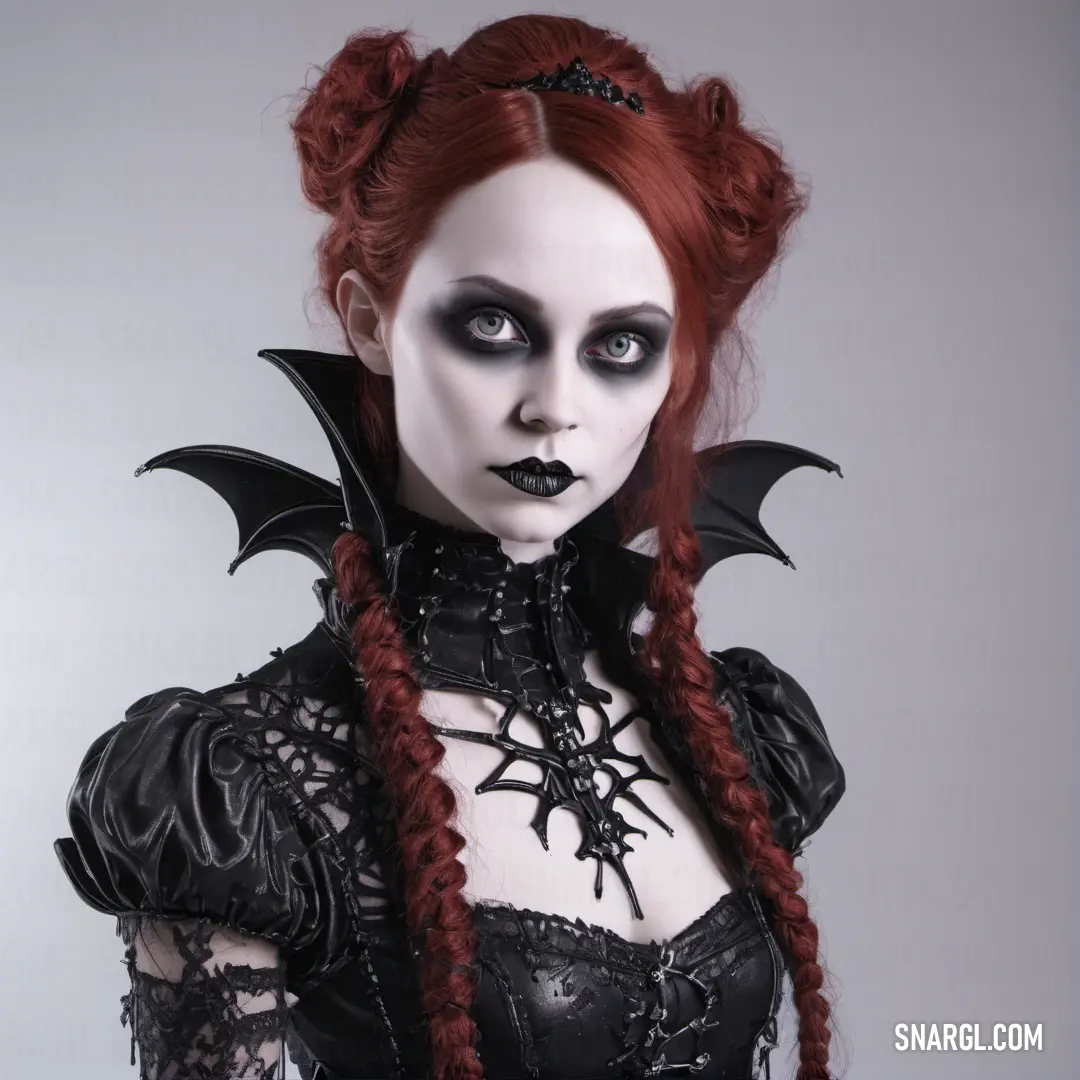 Woman with red hair and black makeup wearing a gothic costume with a bat wing on her head and a black corset