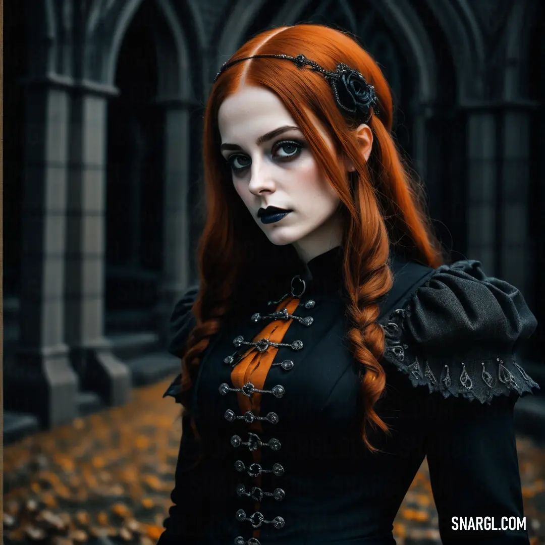 Woman with red hair and black makeup is dressed in a gothic costume and is standing in a courtyard