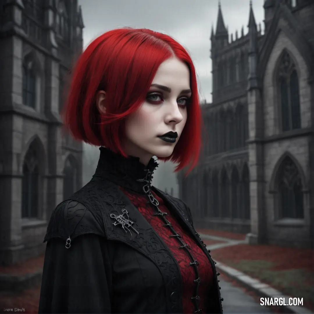 Woman with red hair and black makeup in front of a gothic castle