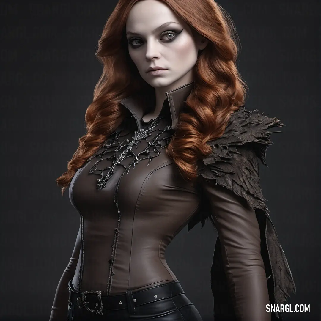Woman with red hair wearing a leather outfit and a black jacket with wings on it's shoulders
