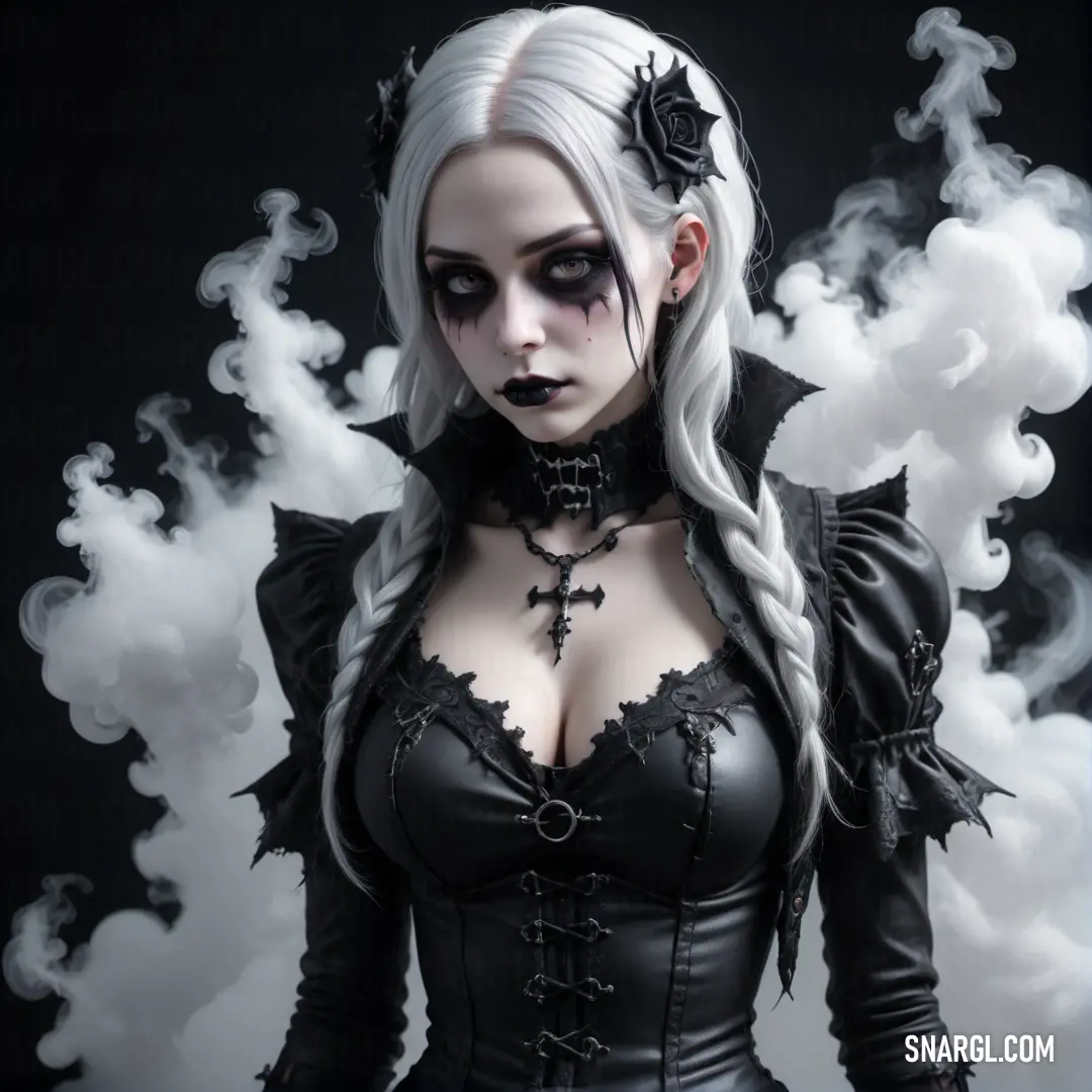 Woman with white hair and black makeup wearing a black corset and a black choker with a rose on her chest
