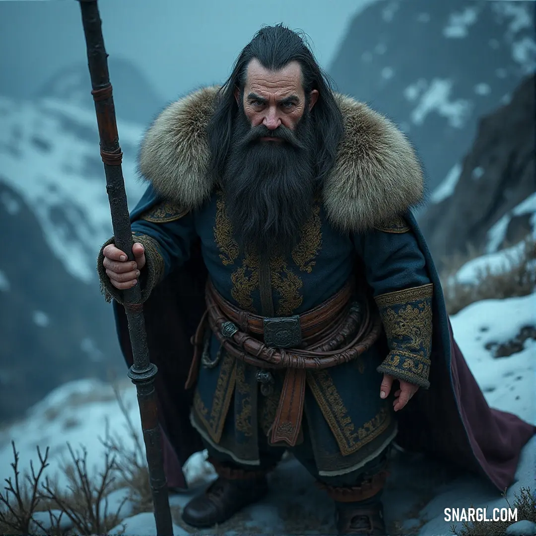 A fierce warrior with a long beard and fur-lined collar stands poised, holding a mighty sword in his hand. His eyes burn with determination as he prepares for whatever battle awaits in the vast wilderness.