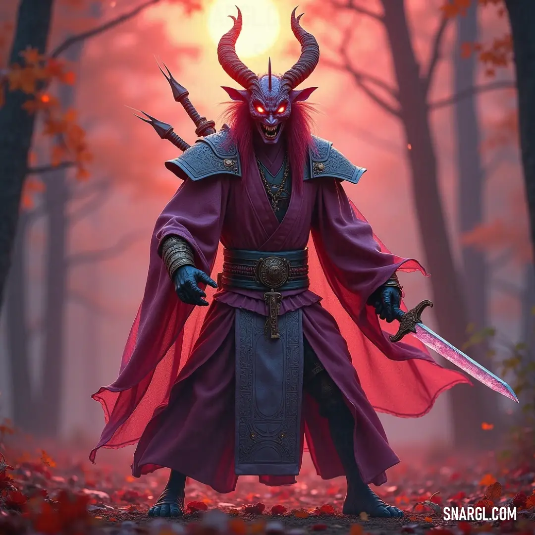 A demonic warrior wielding a sword in a forest at sunset, surrounded by fallen leaves and a red light. A demonic warrior with a gleaming sword stands in a forest, bathed in the warm glow of a setting sun. The leaves beneath his feet are tinged with red as a mysterious red light casts shadows and heightens the drama of the moment.