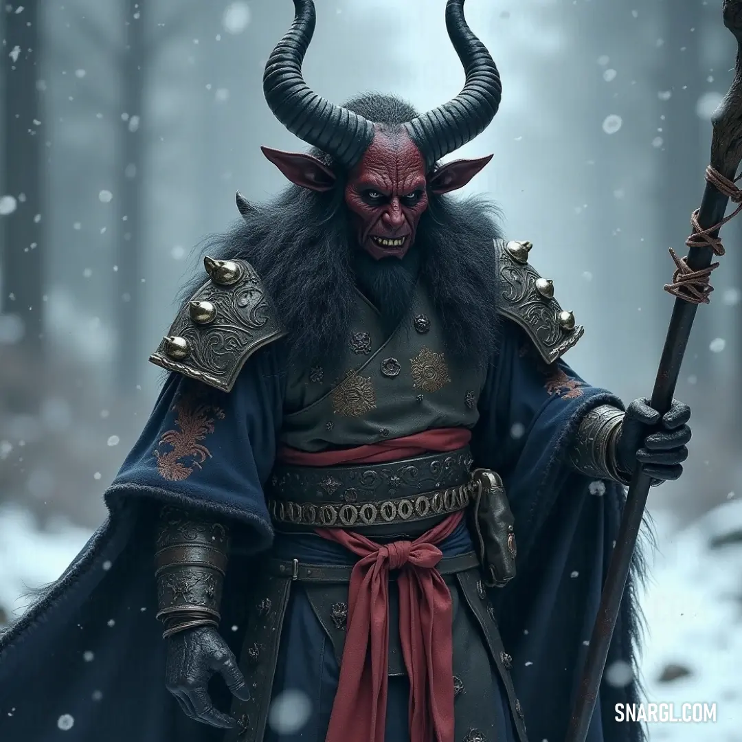 A horned figure in a snow-covered landscape holding a staff, with a beard and horns on his head. A mysterious figure dressed in a horned costume, clutching a staff in one hand, stands in the snow-covered landscape. His horns and long beard, combined with the snowy background, create an imposing presence in the serene, wintry scene.