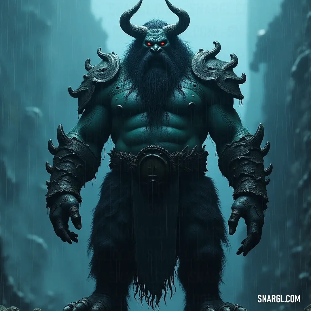 Fearless Gozu wielding a sword, showcasing power and resolve in the depths of the forest. Intimidating Gozu, bearing a horned visage and gripping a sword, standing boldly amongst towering trees, radiating an aura of strength and valor.