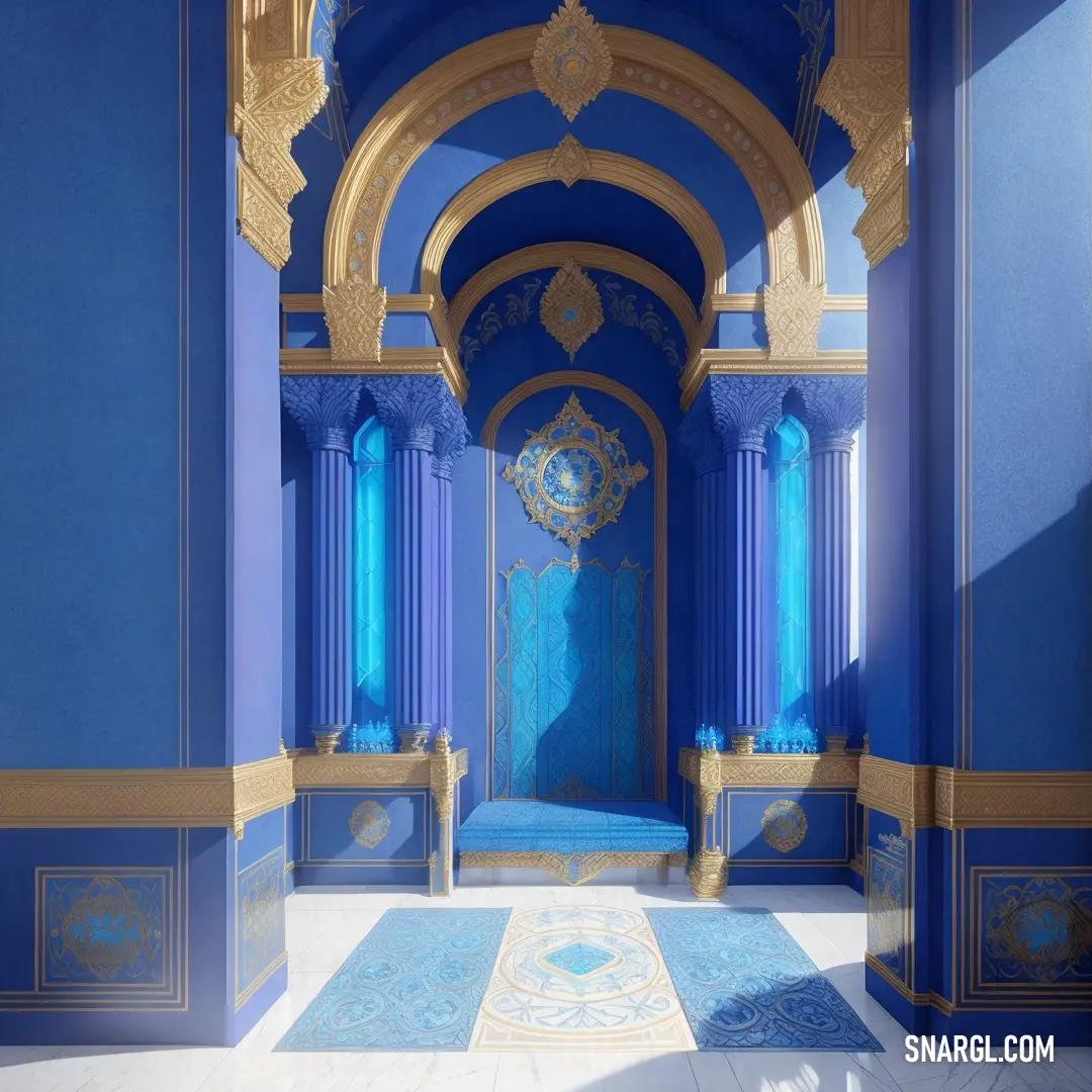 Blue and gold hallway with a blue carpet and a blue wall with a gold