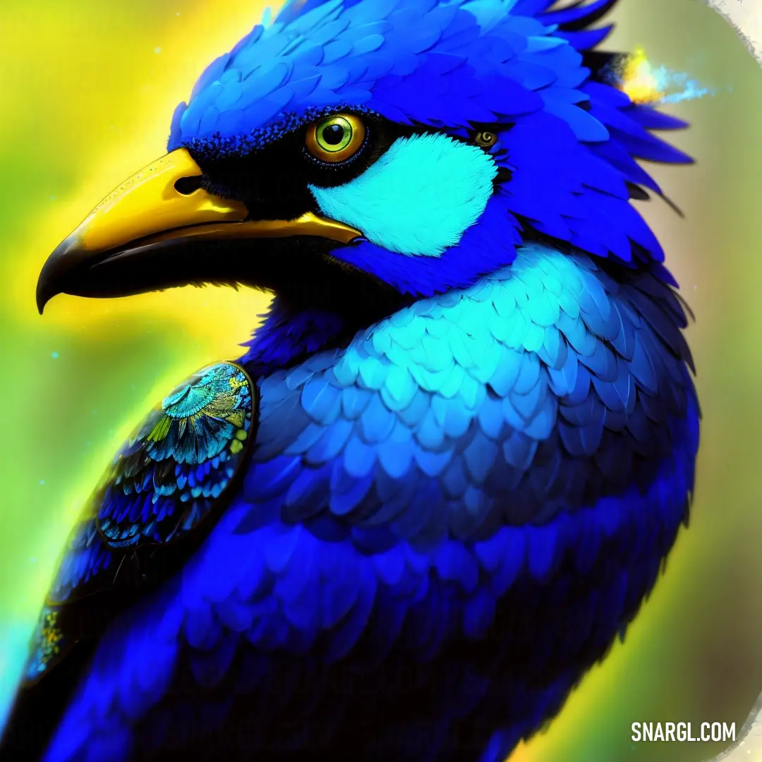 Blue bird with a yellow beak and a blue tail and head with a yellow and blue background and a yellow