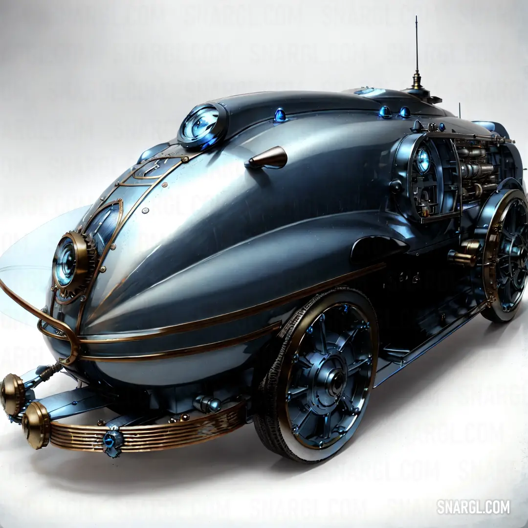 Futuristic car with a large engine and a large wheel drivetrain on the front wheel and a flat tire
