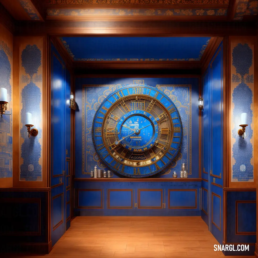 Large clock mounted to the side of a wall in a room with blue walls and wood floors