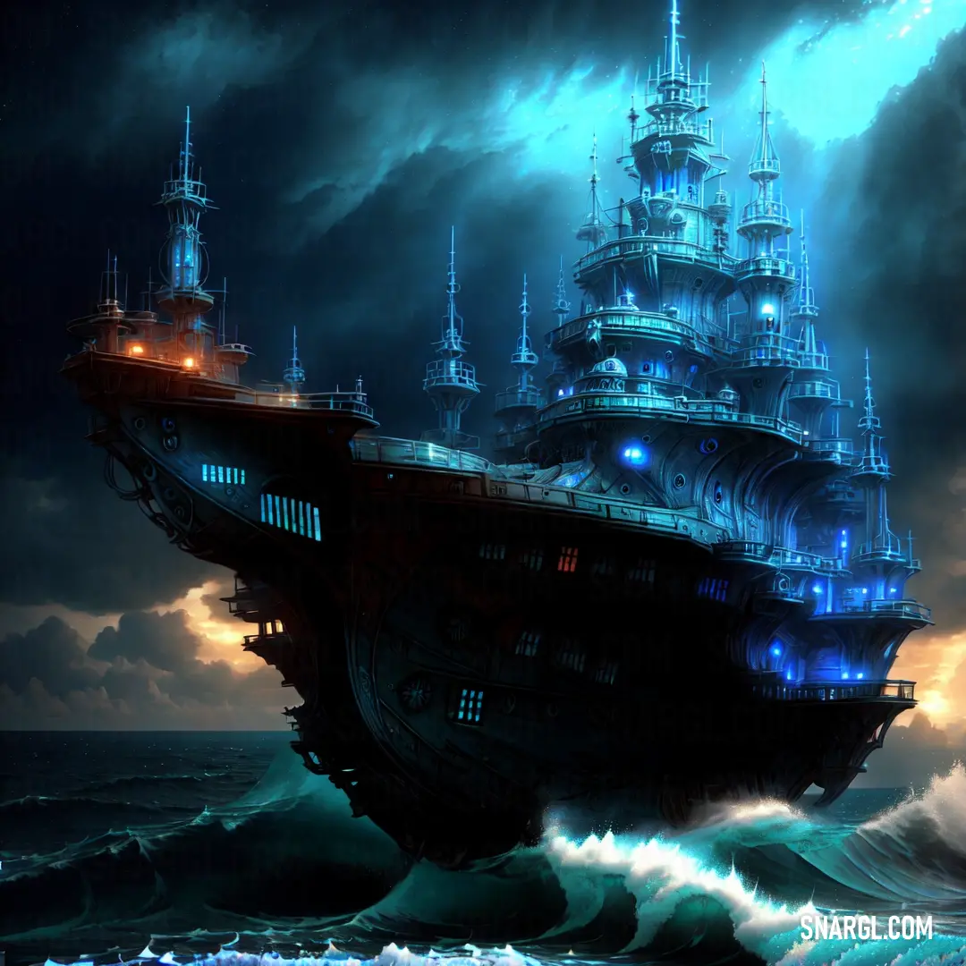 Large ship floating on top of a body of water under a cloudy sky with lights on it's sails