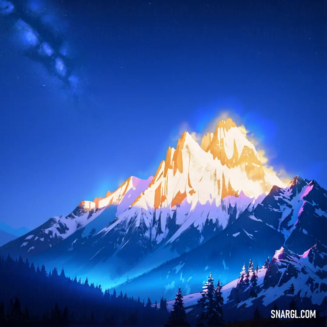 Mountain with a sky filled with stars and clouds and a bright light shining on it's top