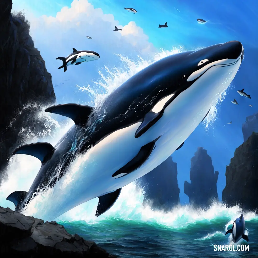 Painting of a whale jumping out of the water with birds flying around it and a cliff in the background