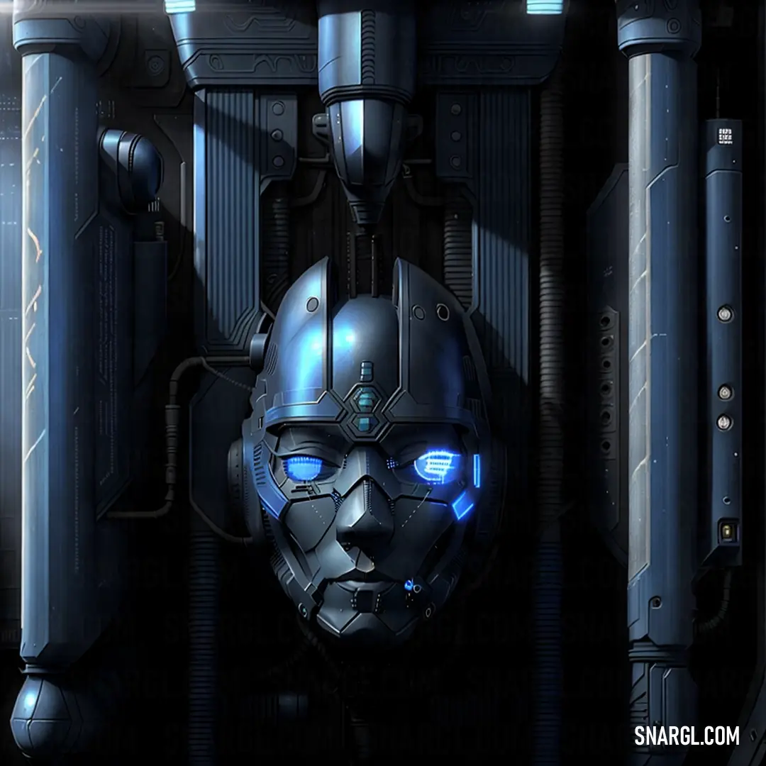 Robot with glowing eyes and a helmet on his face is surrounded by pipes