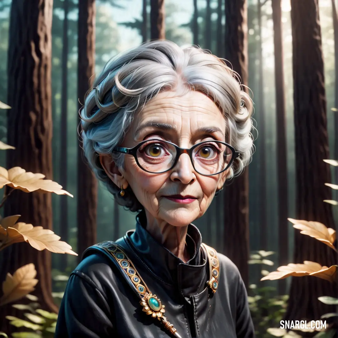 A beautifully painted depiction of an elderly woman, dressed in a scarf, standing amidst a dense forest with vibrant trees and leaves, as the timeless beauty of nature surrounds her.