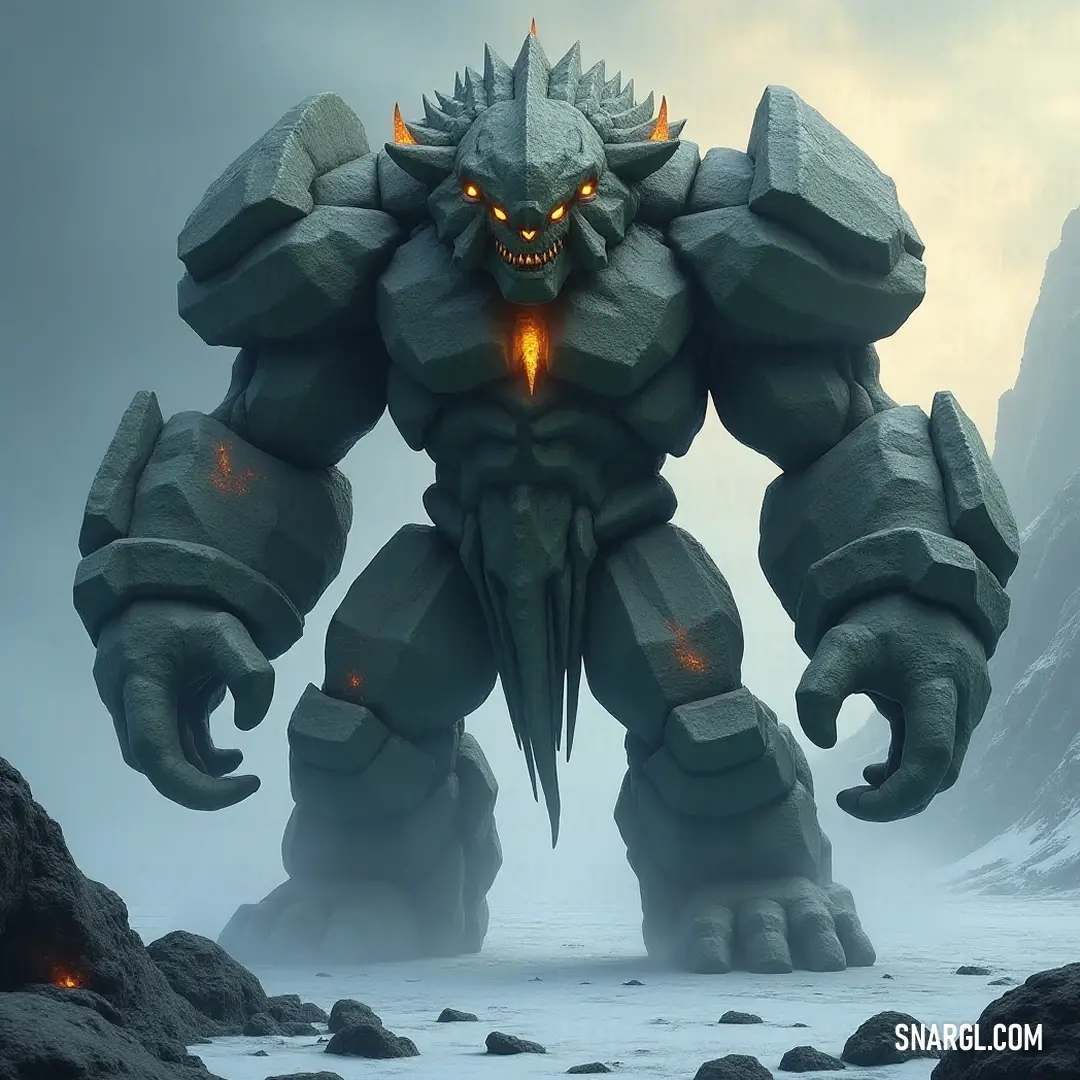 In a breathtaking snowy landscape, the Giant Granite Golem towers with glowing eyes, embodying strength and steadfastness, as it stands guard among the rocks, a true emblem of resilience against the elements. Among a winter wonderland, a Giant Granite Golem stands resolutely in the snow, its glowing eyes piercing through the frosty landscape, surrounded by rugged rocks and boulders, symbolizing stability and timelessness in nature.