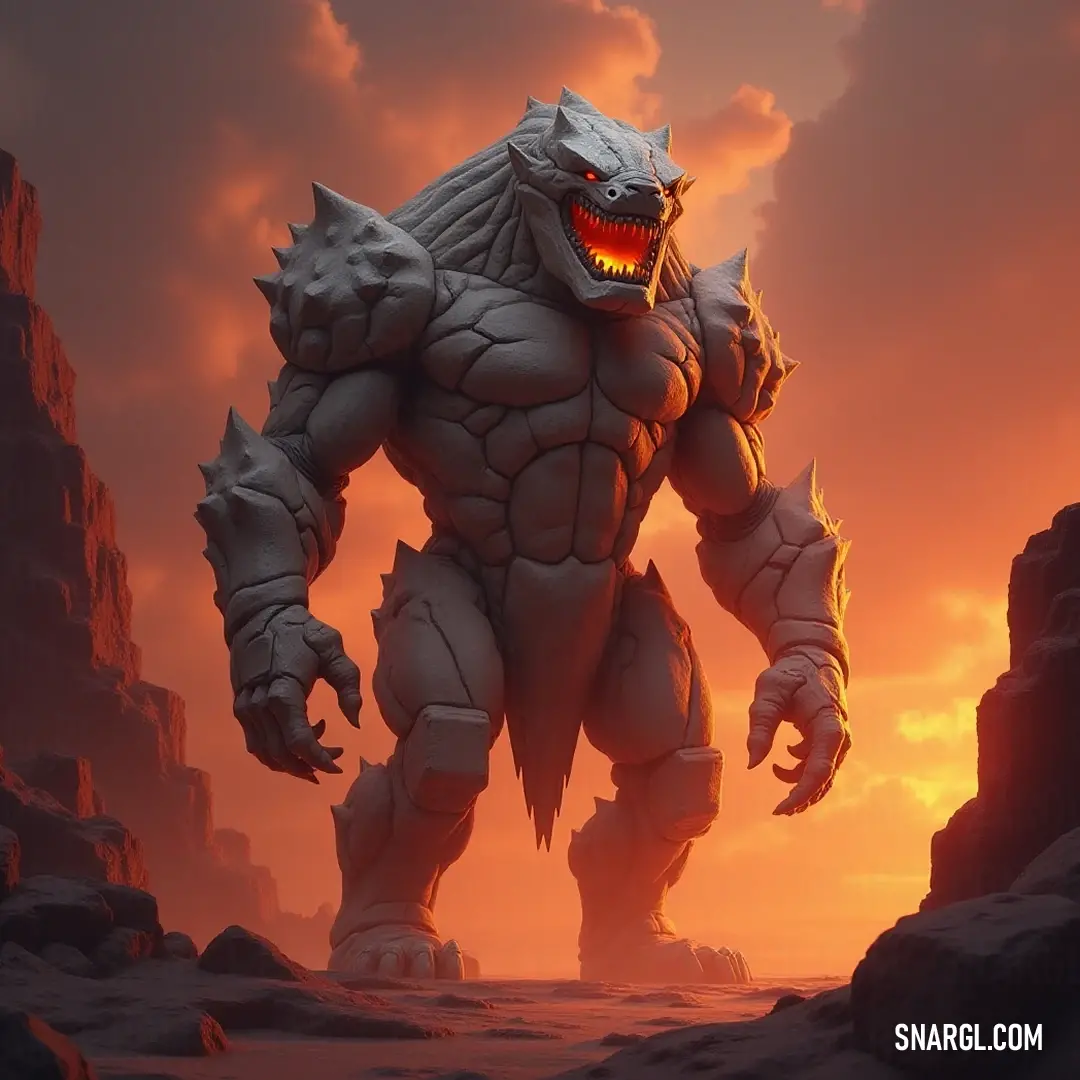 Radiant Giant Granite Golem at sunset, standing proudly amidst rugged terrain. With a face radiant in a mystical glow, the Giant Granite Golem towers over a rocky outcrop, featuring the warm hues of sunset casting shadows on the rough ground, blending nature and ancient magic beautifully.