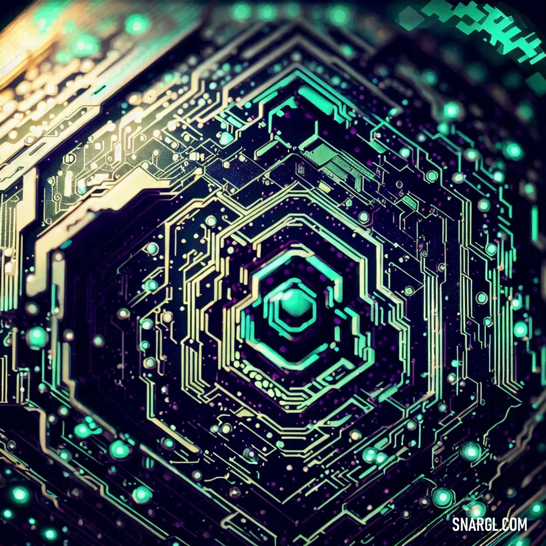 Computer circuit board with a green and blue design on it's side and a black background with a green