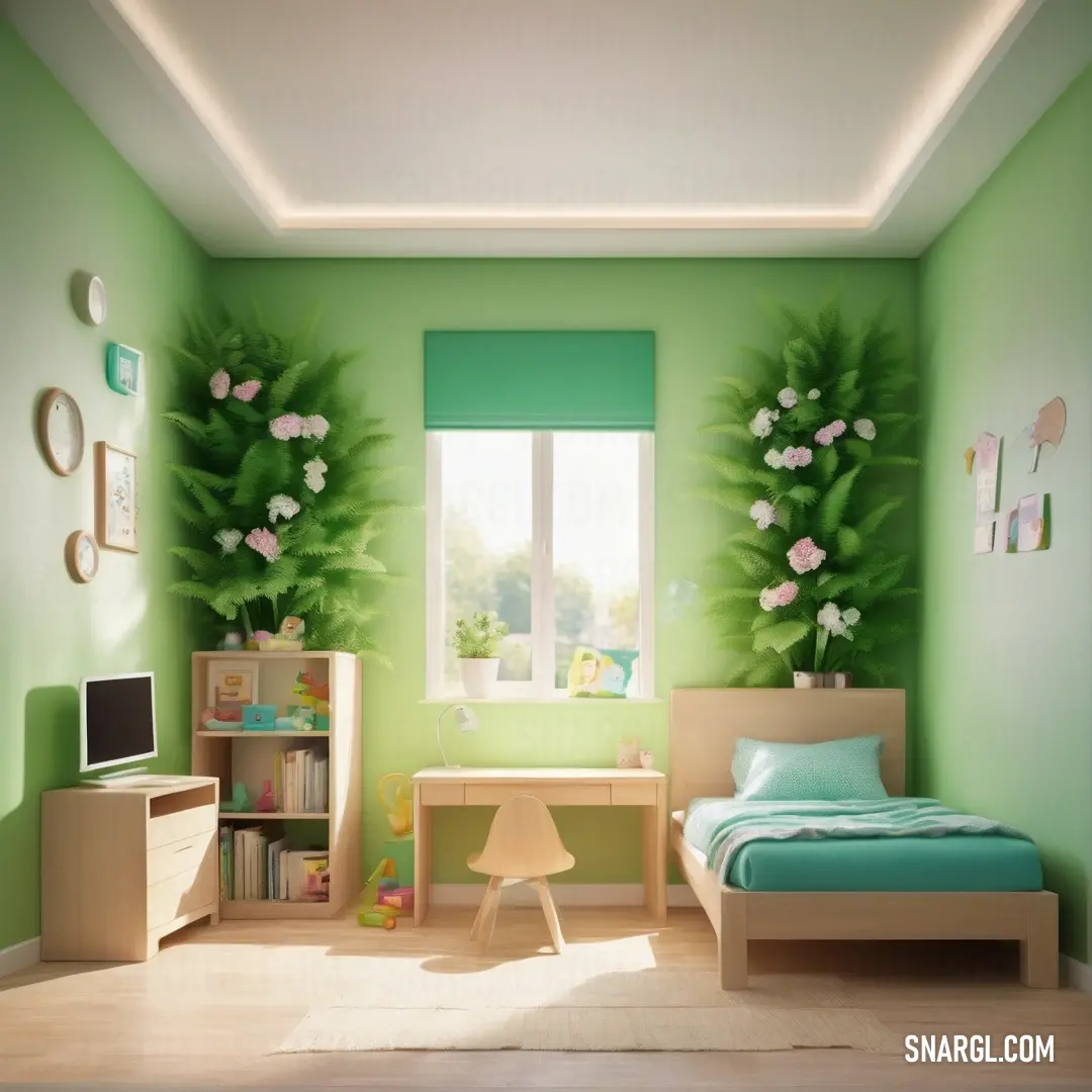Granny Smith Apple color. Bedroom with a green wall and a bed and desk with a computer on it and a window with flowers