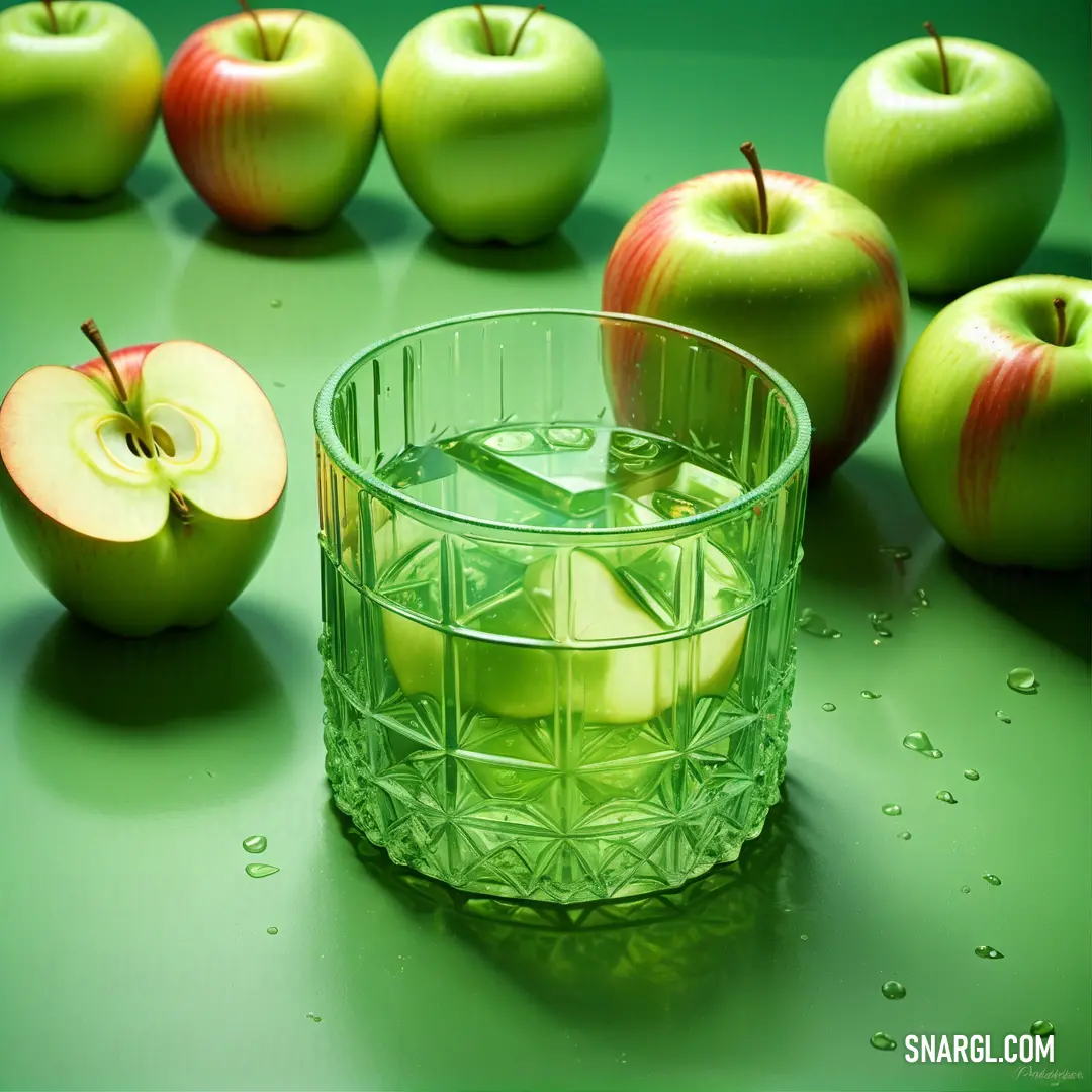 Granny Smith Apple color example: Glass of water with apples in the background