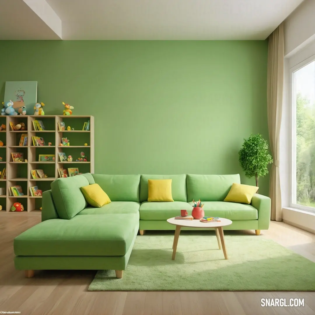 Living room with a green couch and a green rug on the floor and a green wall with a bookcase. Example of #A8E4A0 color.
