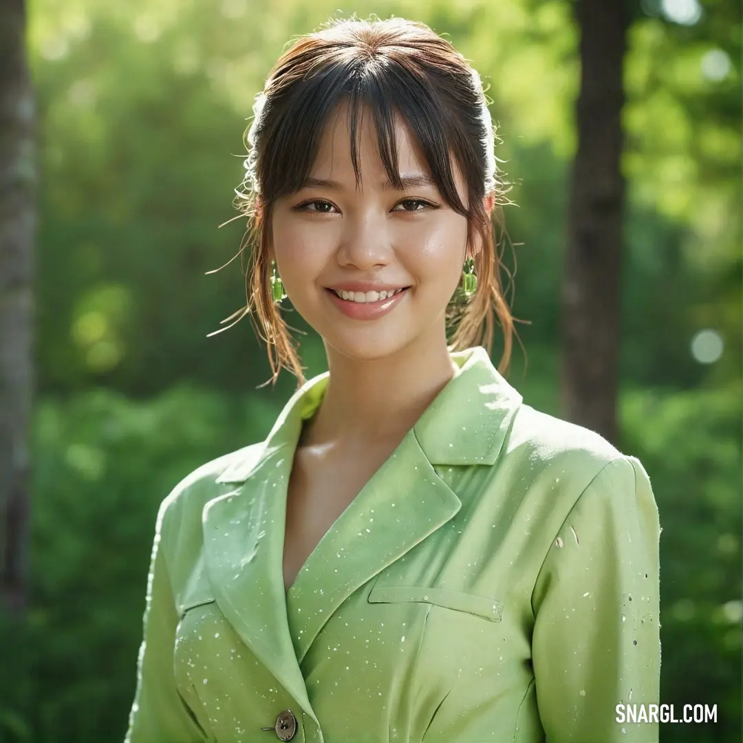 Woman in a green shirt and green jacket smiling at the camera with trees in the background. Example of RGB 168,228,160 color.