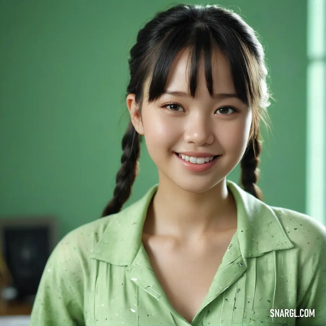 Woman with a braid smiling at the camera with a green background. Example of Granny Smith Apple color.