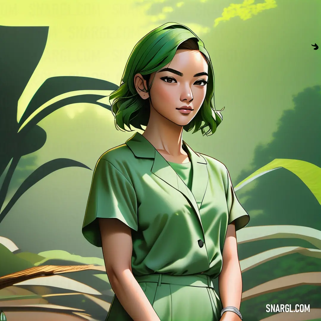 Woman with green hair is standing in front of a painting of a plant and a bird flying overhead. Color #A8E4A0.