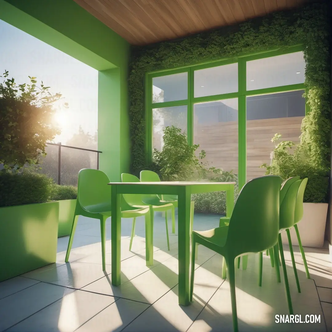 Green table and chairs in a room with a large window and a plant wall behind it and a green planter. Example of RGB 168,228,160 color.