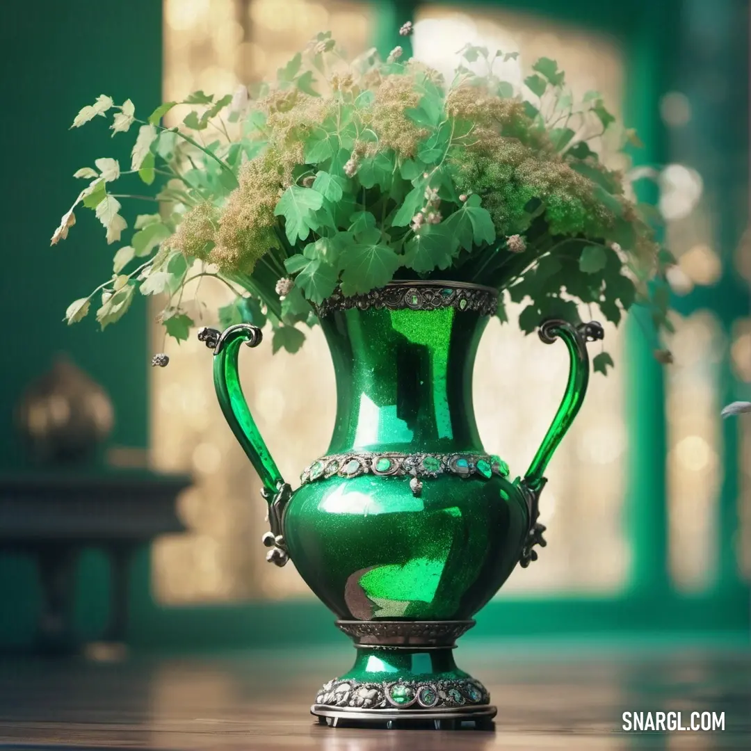 Green vase with flowers in it on a table in a room with green walls and a window behind it. Color CMYK 26,0,30,11.
