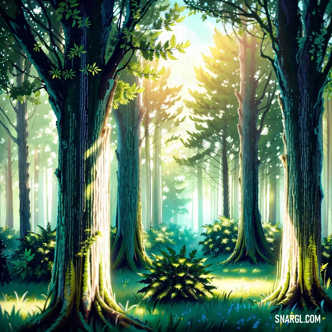 Painting of a forest with trees and grass in the foreground and sunlight shining through the trees on the far side