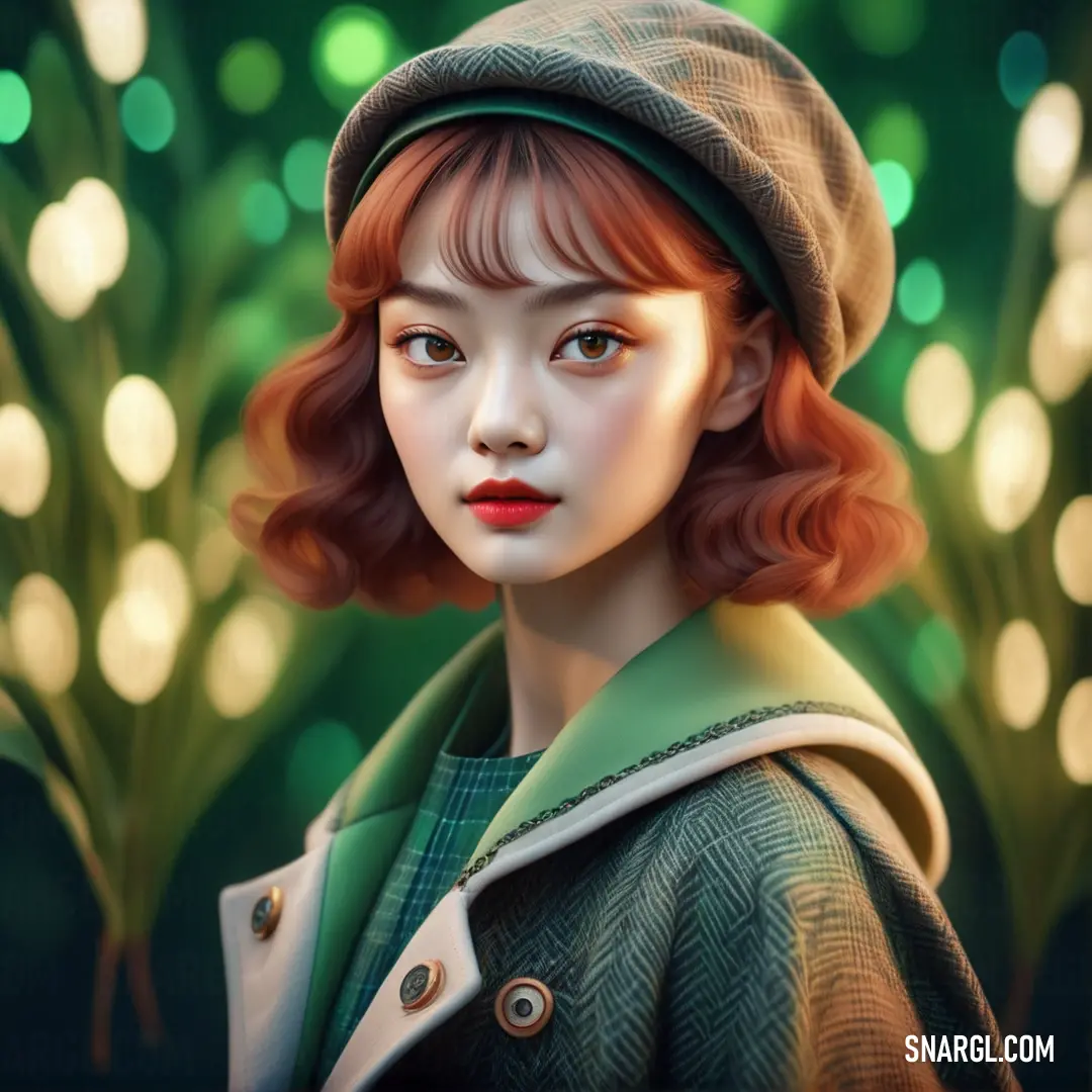 Painting of a woman with red hair and a green coat and hat on a green background. Example of Granny Smith Apple color.