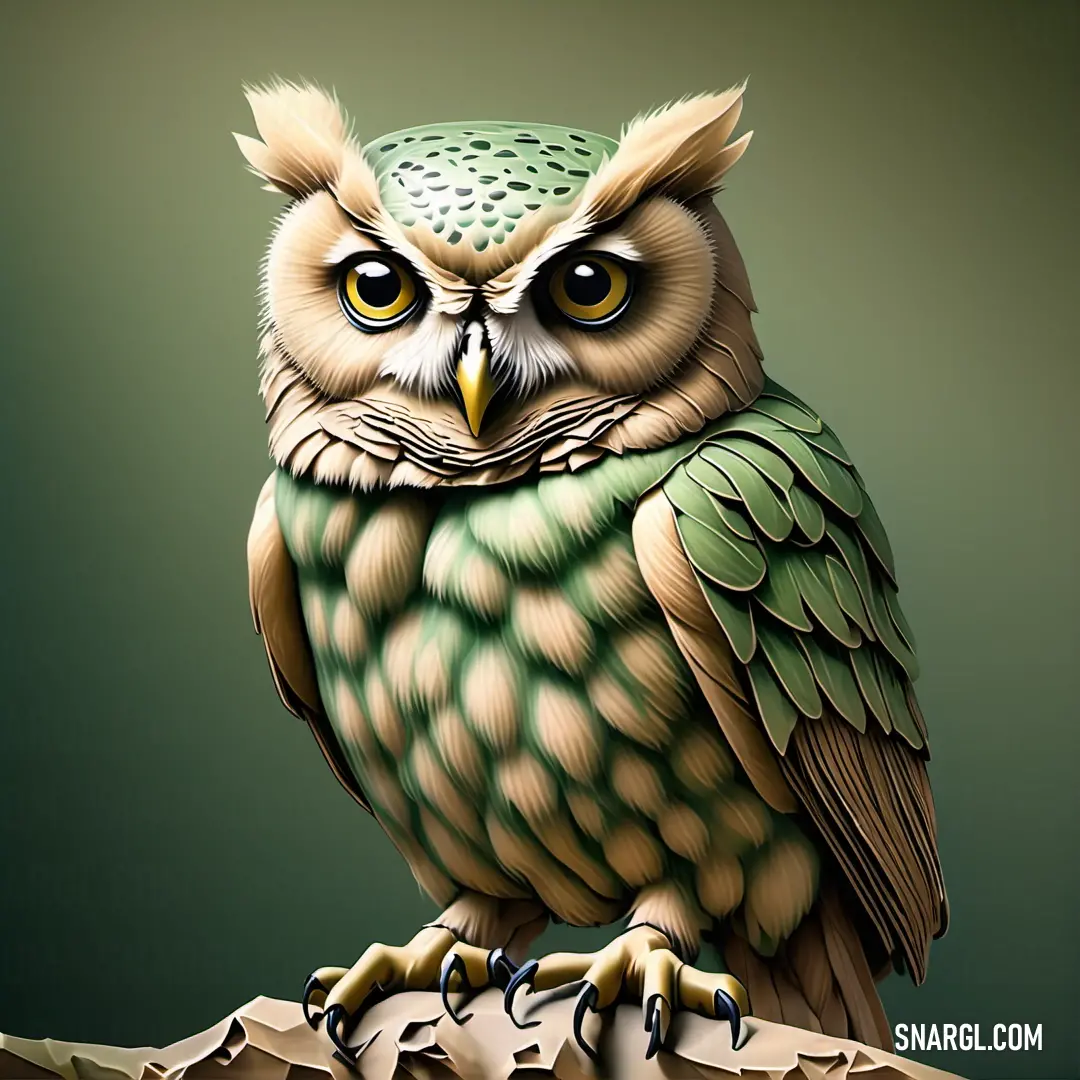 Painting of an owl on a branch with a green background. Color Granny Smith Apple.