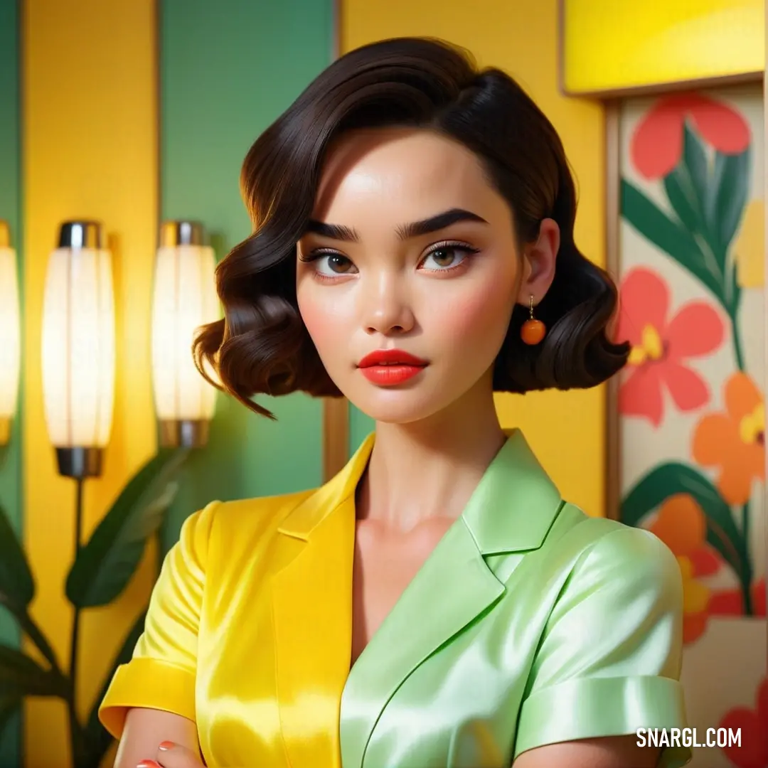 Woman with a yellow jacket and red lipstick is posing for a picture in a yellow room with a green plant. Example of CMYK 26,0,30,11 color.