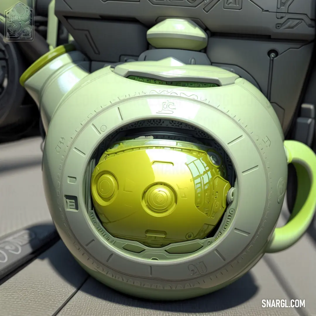 Yellow teapot on top of a table next to a clock tower and a car dashboard with a yellow cup