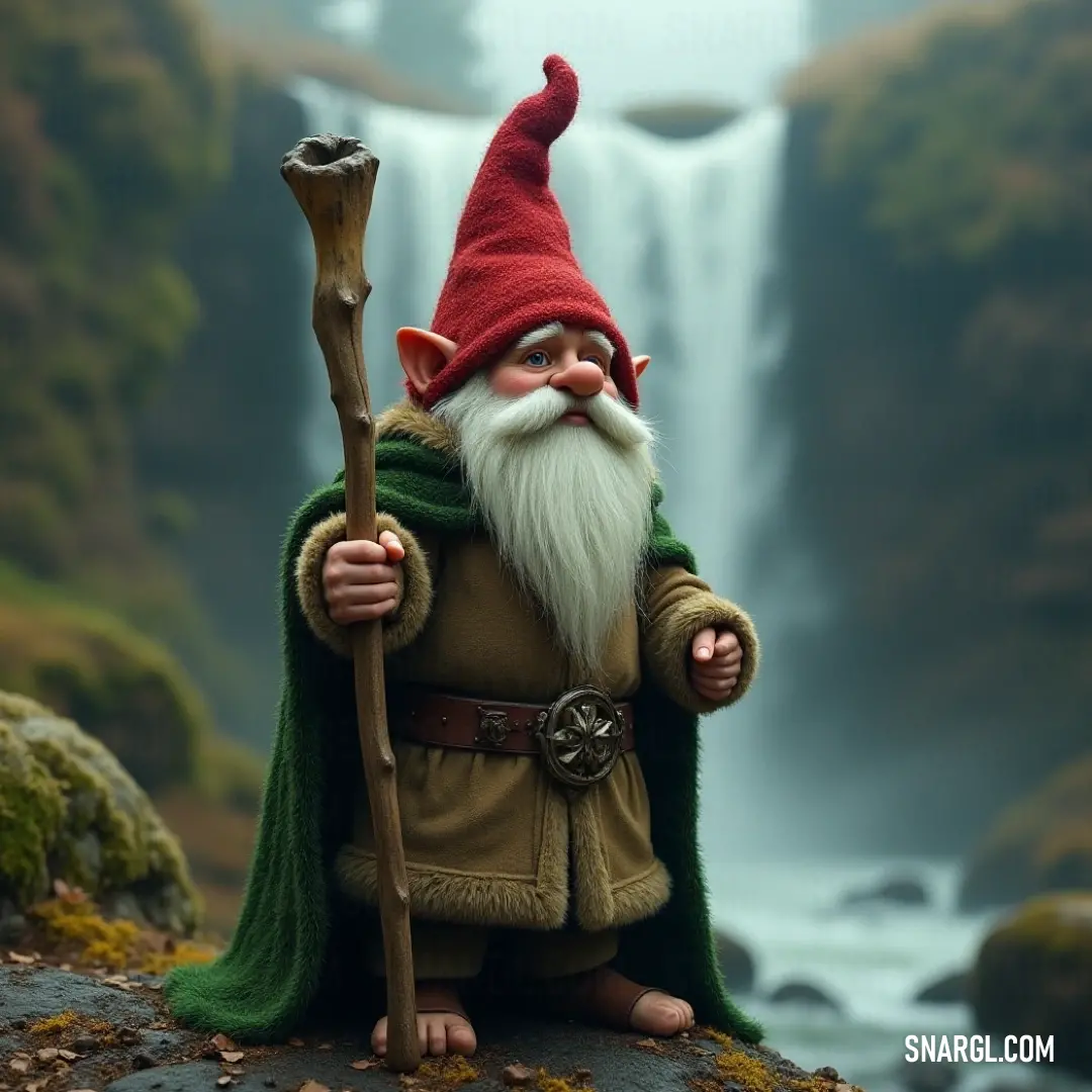 A majestic Gråtomten stands tall before a breathtaking waterfall, staff in hand, with water cascading gracefully behind him. Surrounded by vibrant nature and the sound of water thundering down, he exudes an air of wisdom and strength, ready for any adv