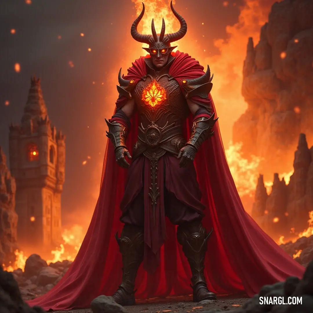 In an awe-inspiring display, the Grave Enchanter clad in a red cape faces the tumultuous skies, while a shadowy demon looms in the background, melding the realms of sorcery and fear. The Grave Enchanter, draped in a flowing red cape, stands tall against a backdrop of fiery skies, with a menacing demon lurking behind him, radiating an aura of danger and magic that enchants the scene.