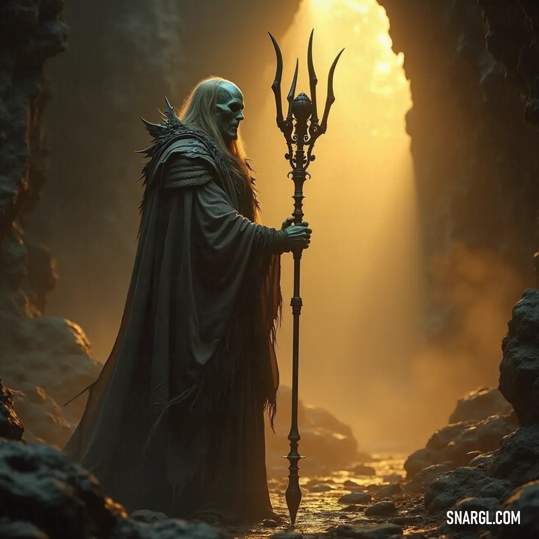 A Grave Enchanter glowing with magic in a shadowy cave setting. A Grave Enchanter stands shrouded in shadows within a dim cave, holding a staff as radiant light spills forth, illuminating his figure and forming a halo that hints at his profound magic and connection to the mystic forces of the universe.