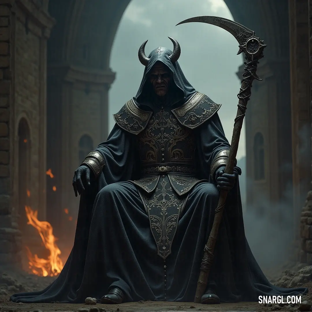 The Grave Lord, clad in a black robe and horned hat, wields an imposing axe in a room filled with flickering firelight, a figure of death in the dark. A Grave Lord, draped in a black robe and horned hat, grips a massive axe as he stands in a dark, firelit room. Flames flicker around him, casting an eerie glow on his face, making him appear as an embodiment of death itself.