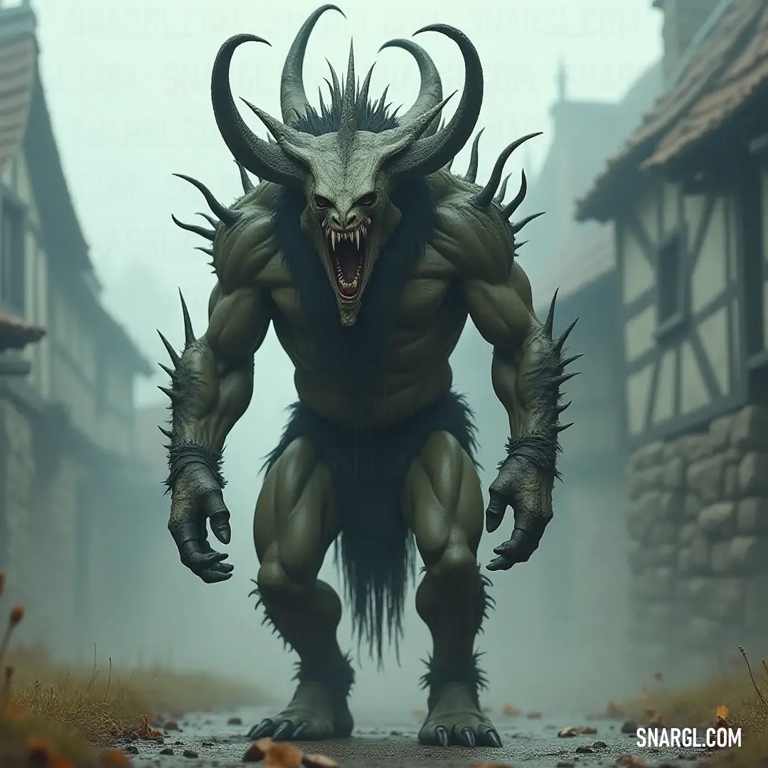 An ominous Graveclaw with striking horns and claws looms on a street before a house, showcasing its menacing demeanor against a backdrop of quaint architecture. A sinister-looking Graveclaw, adorned with piercing horns and menacing claws, stands defiantly on a cobblestone street. The quaint house behind it contrasts eerily with its demonic presence, setting an unsettling scene that evokes curiosity and fear.