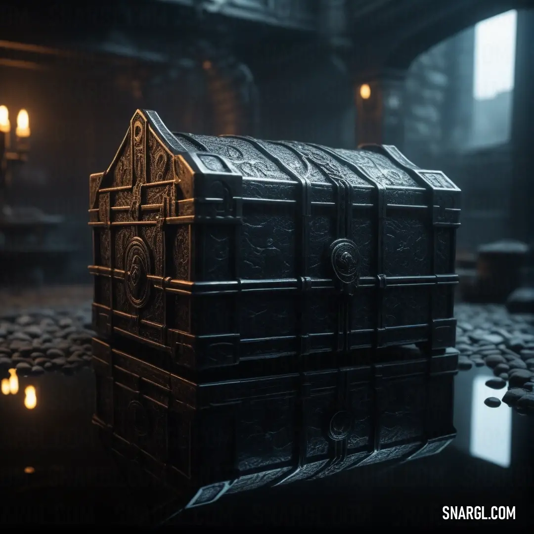 A mysterious black box with a gleaming golden door rests on a polished table, surrounded by flickering candles and a subtle glimpse of a window beyond, casting shadows in the dim room.