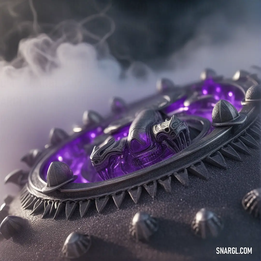 An intricate close-up reveals a striking purple object adorned with unique spikes, contrasting boldly against its black background. This dramatic interplay of colors showcases a captivating design that stirs curiosity.