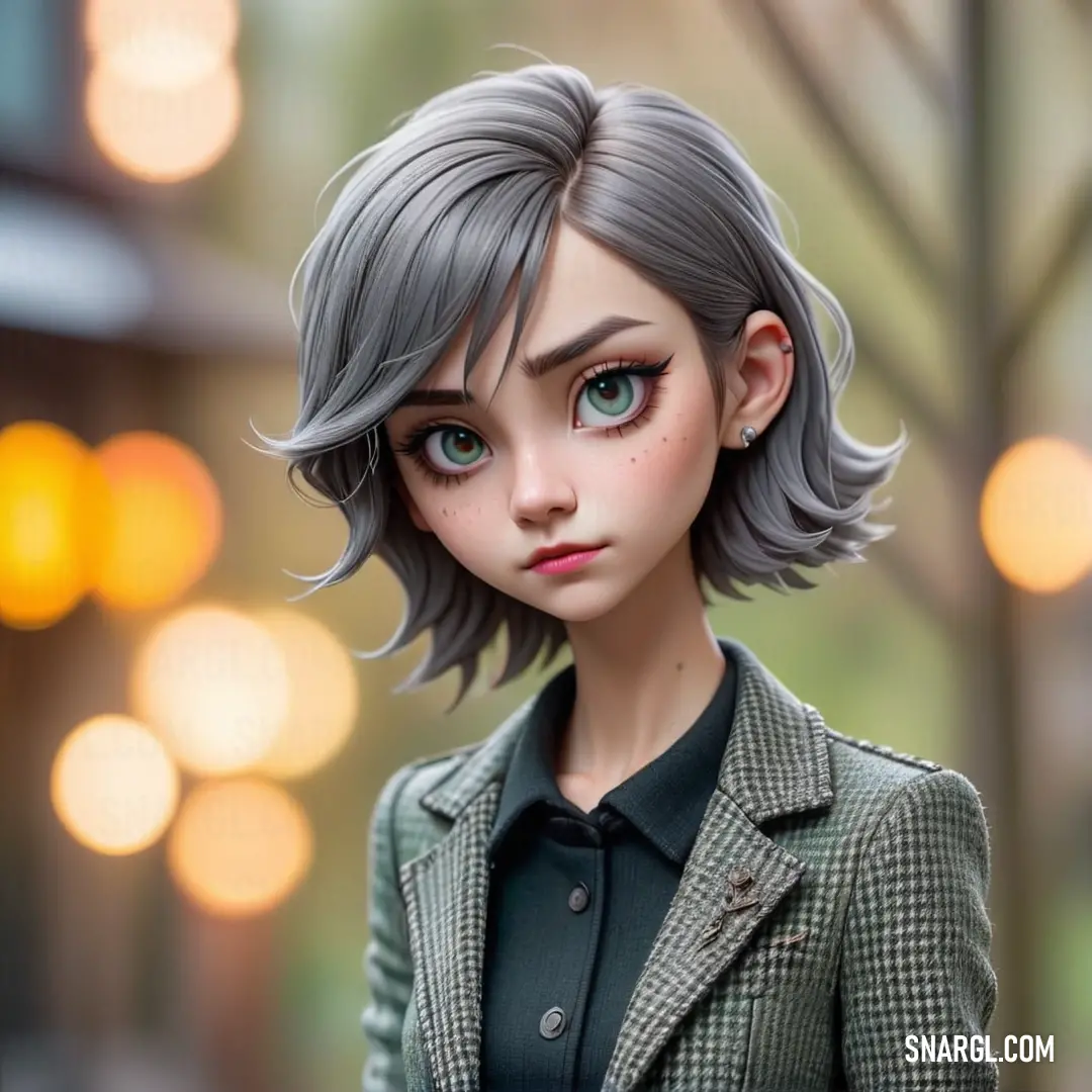 Doll with grey hair and a green shirt and jacket on a street corner with lights in the background