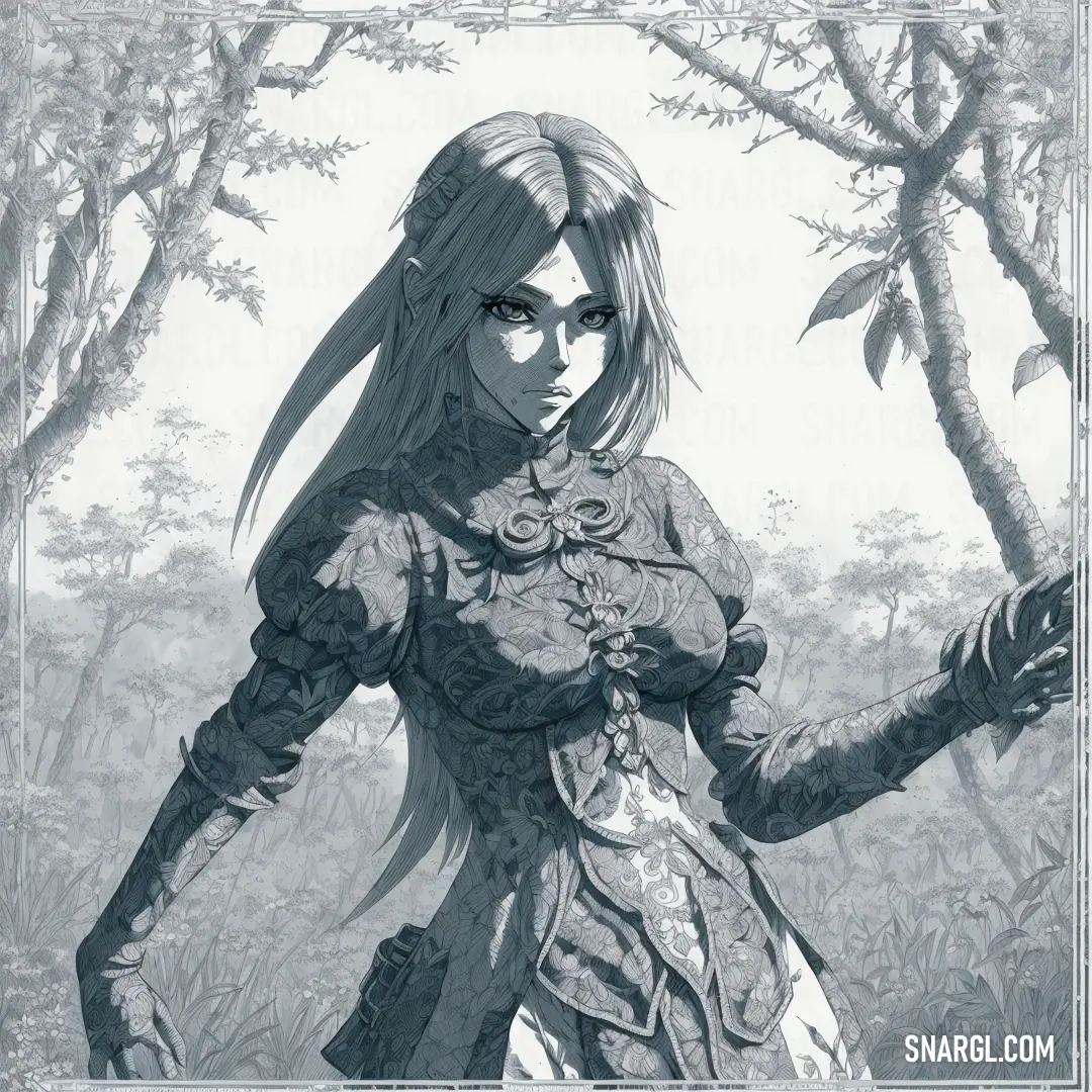 Gray color example: Drawing of a woman in a forest holding a knife and a flower in her hand, with a background