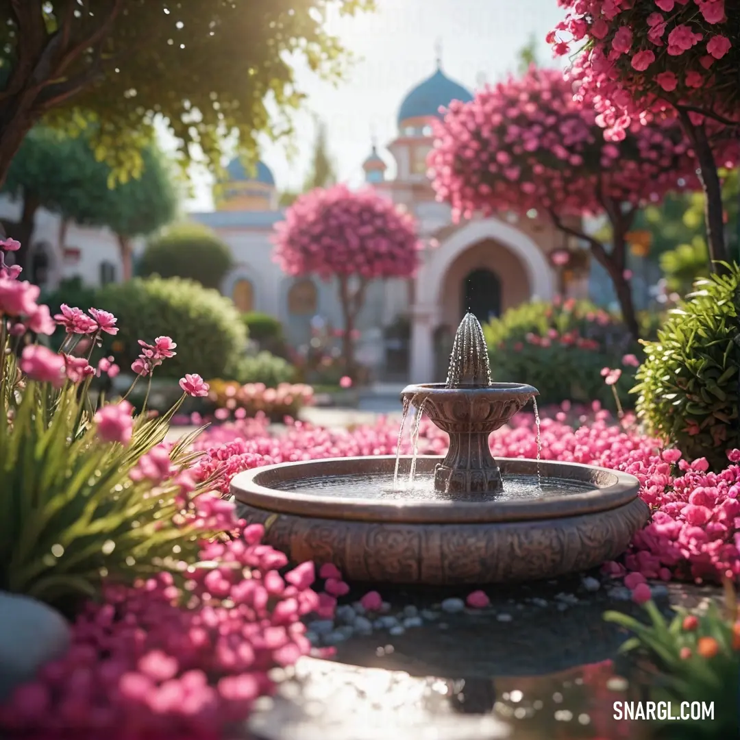Gray color example: Fountain surrounded by pink flowers in a garden area with a building in the background
