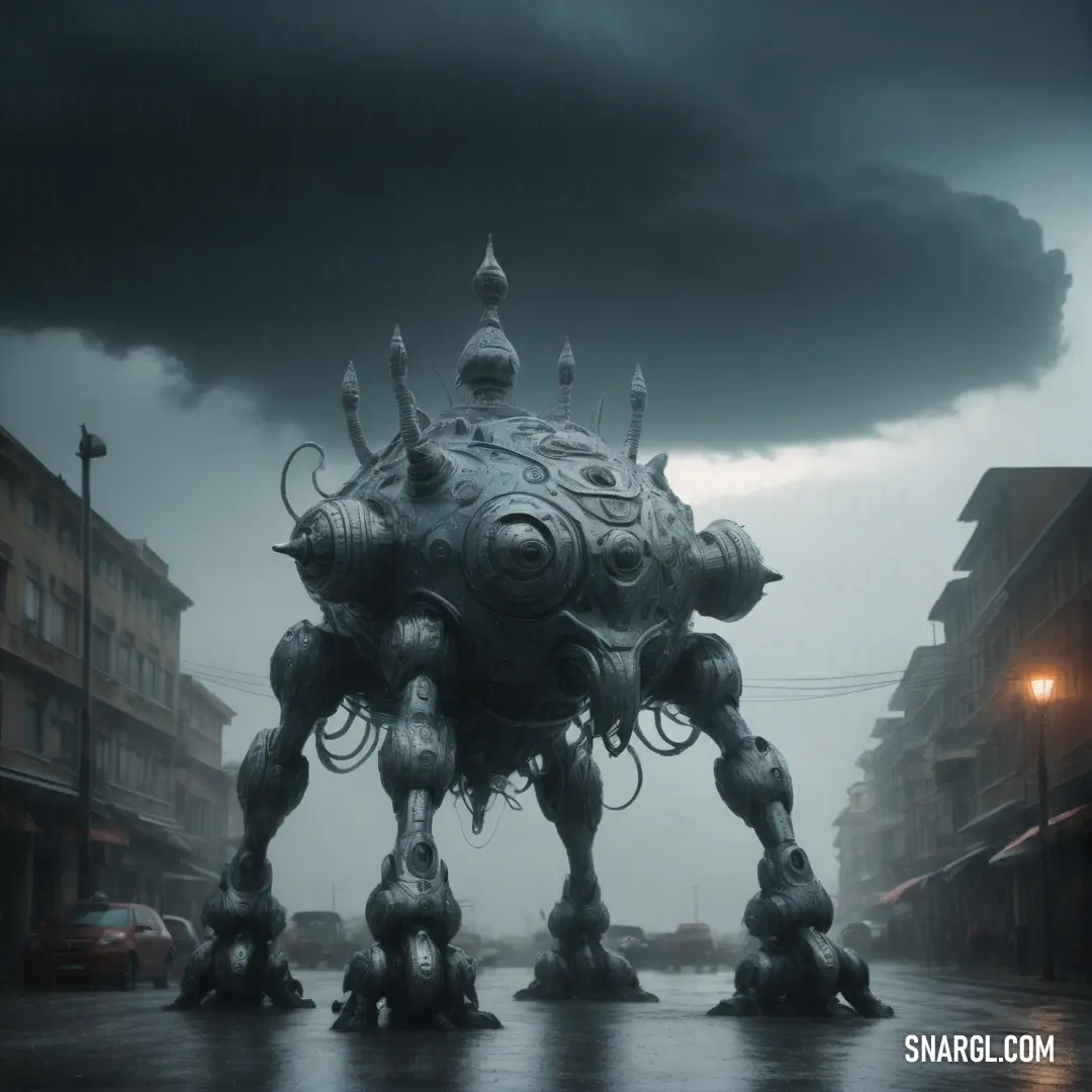 Giant robot is standing in the middle of a street in a city with buildings and a dark sky