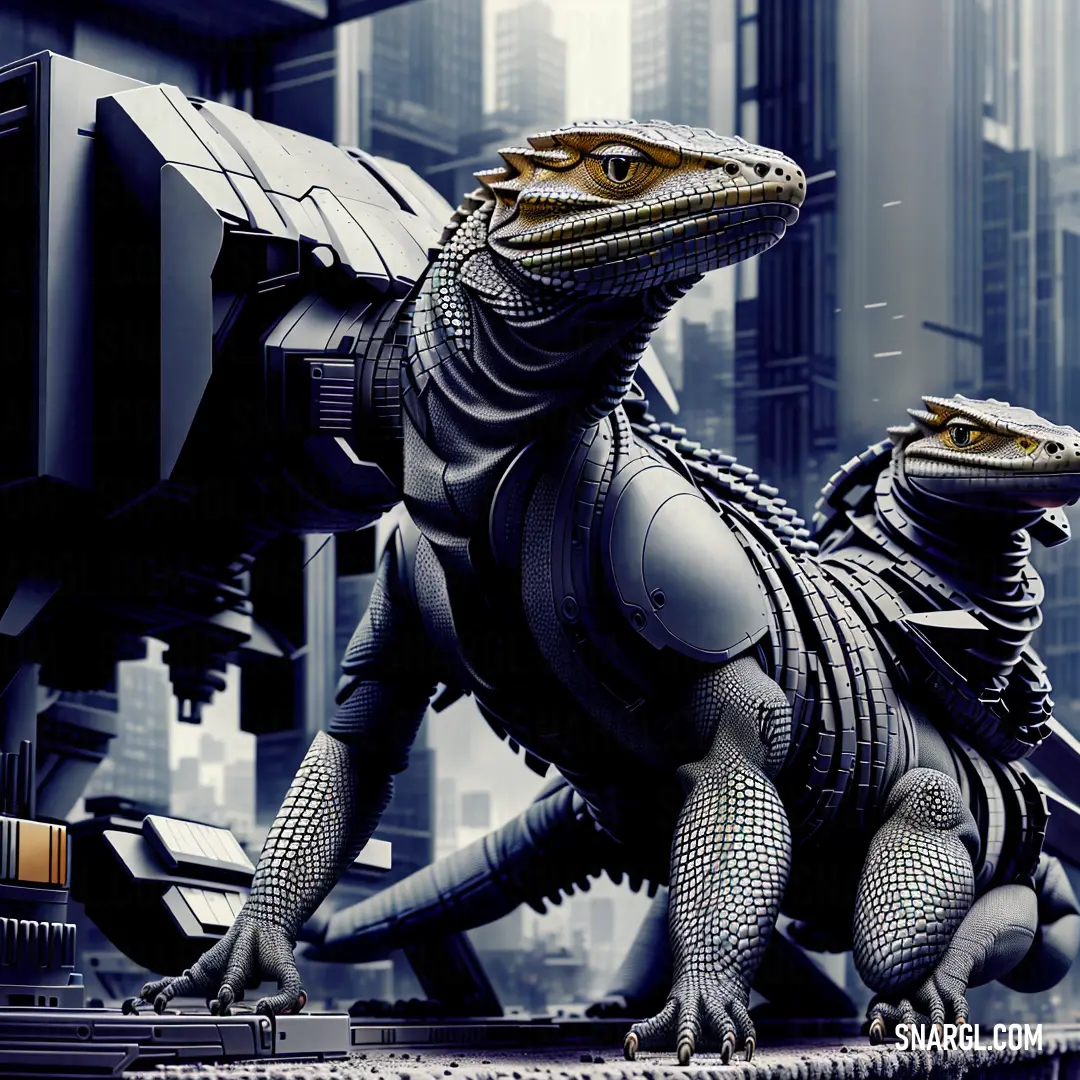 Godzilla statue is posed in front of a cityscape background with skyscrapers and a computer monitor