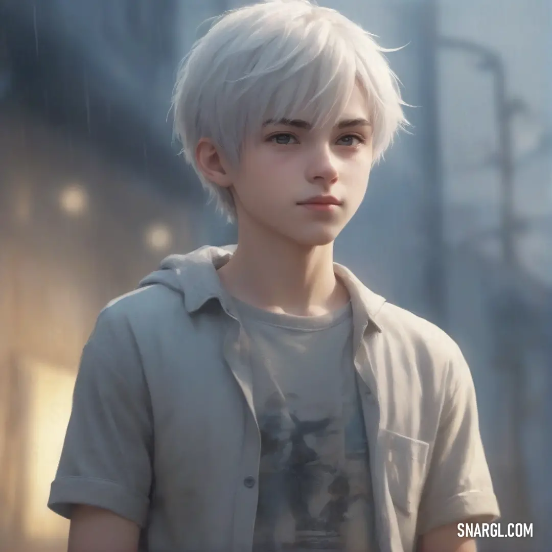 Boy with a white hair and a grey shirt is standing in the rain with a city background. Example of #808080 color.