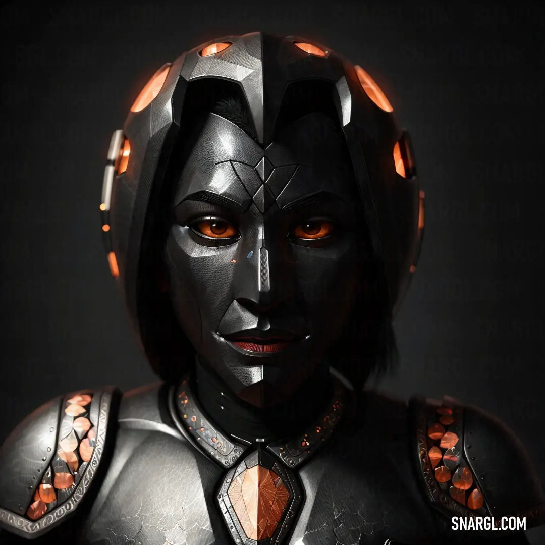 A futuristic woman adorned with a sleek helmet and armor stands poised against a dark, mysterious backdrop. Her powerful presence mingles with the shadows, suggesting strength and resilience embodied in a brave new world.