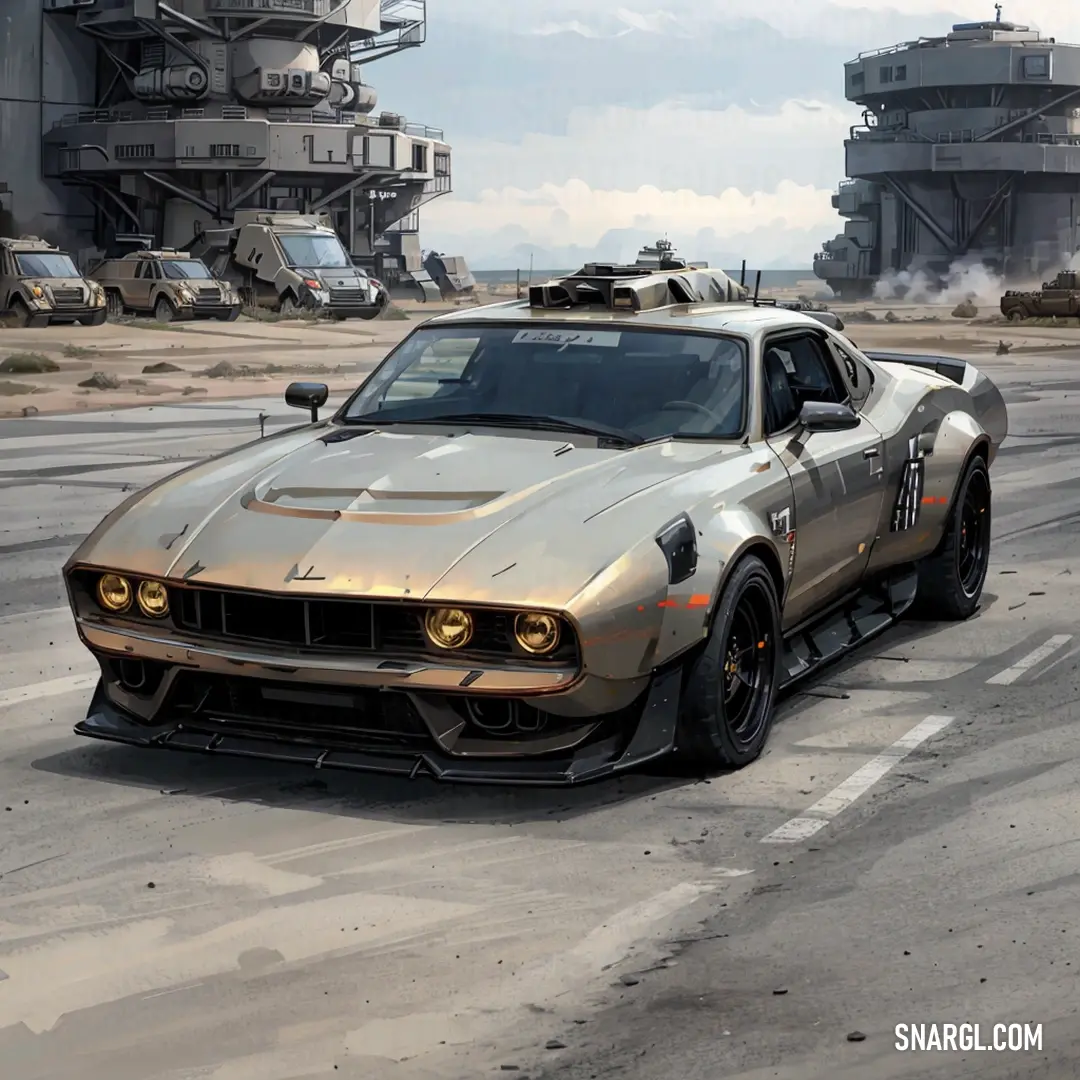 A sleek gold sports car races down the street, its polished surface gleaming under the streetlights. A large building towers nearby, with clouds of smoke billowing into the night sky. The scene captures a moment of speed, power, and drama.